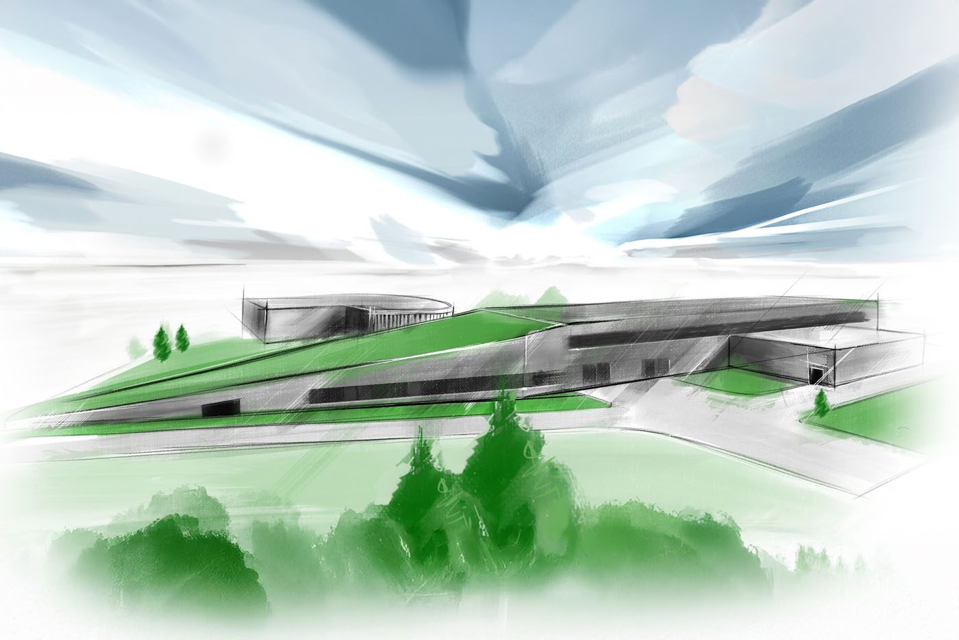 Architectural sketch of a modern, low-rise new production facility with sloped green roofs, surrounded by trees and under a cloudy sky—perfectly capturing the innovation behind Bugatti's Tourbillon.