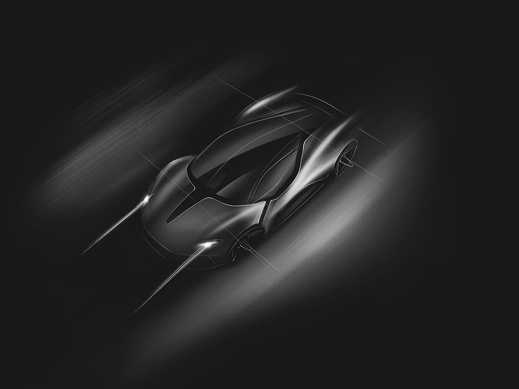 Artistic rendering of a sleek, futuristic car, reminiscent of Lanzante Limited's innovative designs, with dynamic light trails set against a dark background.