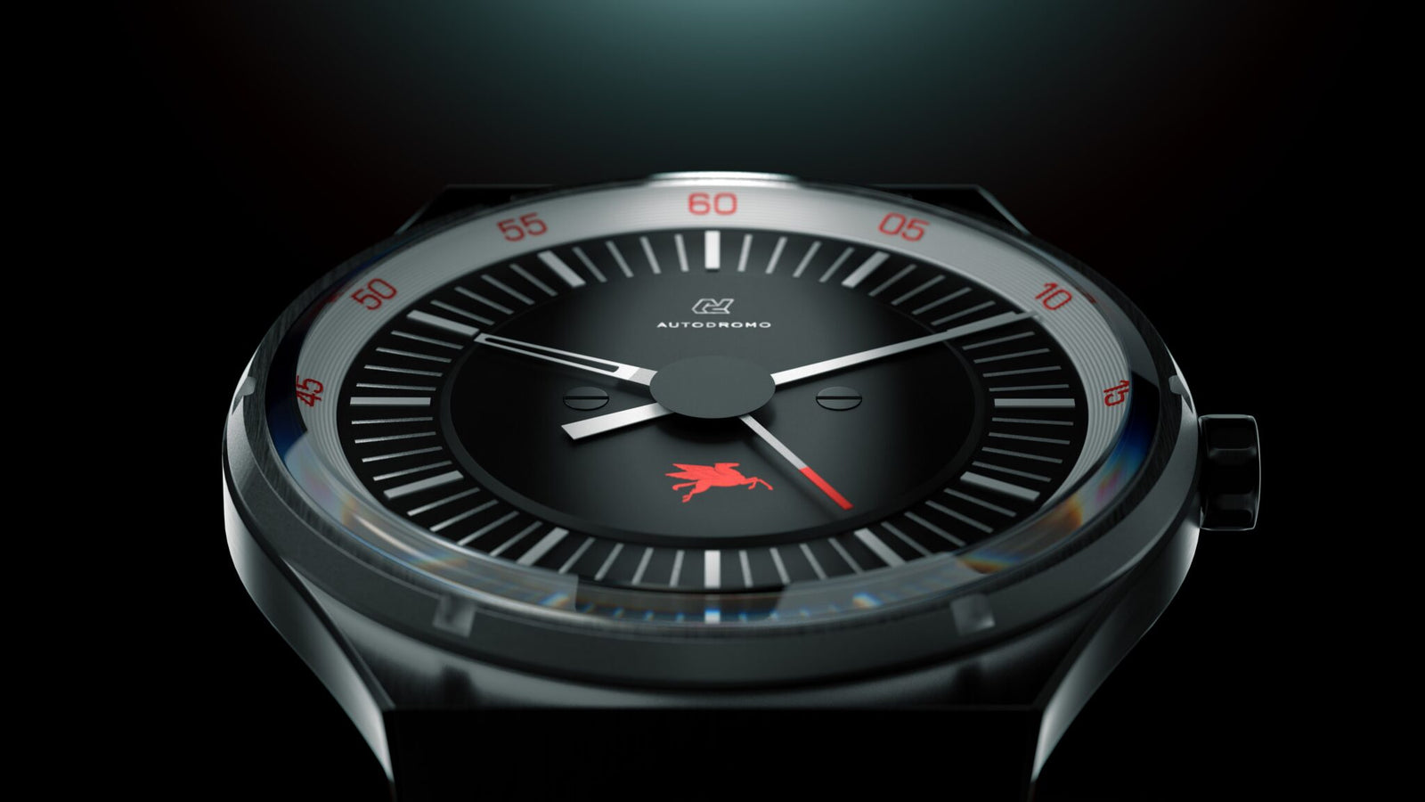 A close-up of the Autodromo Pegasus Watch, inspired by Group B rally racing, features a black face with red and white markers and a stylized red horse at the bottom center. The brand name "Autodromo" is visible near the top.