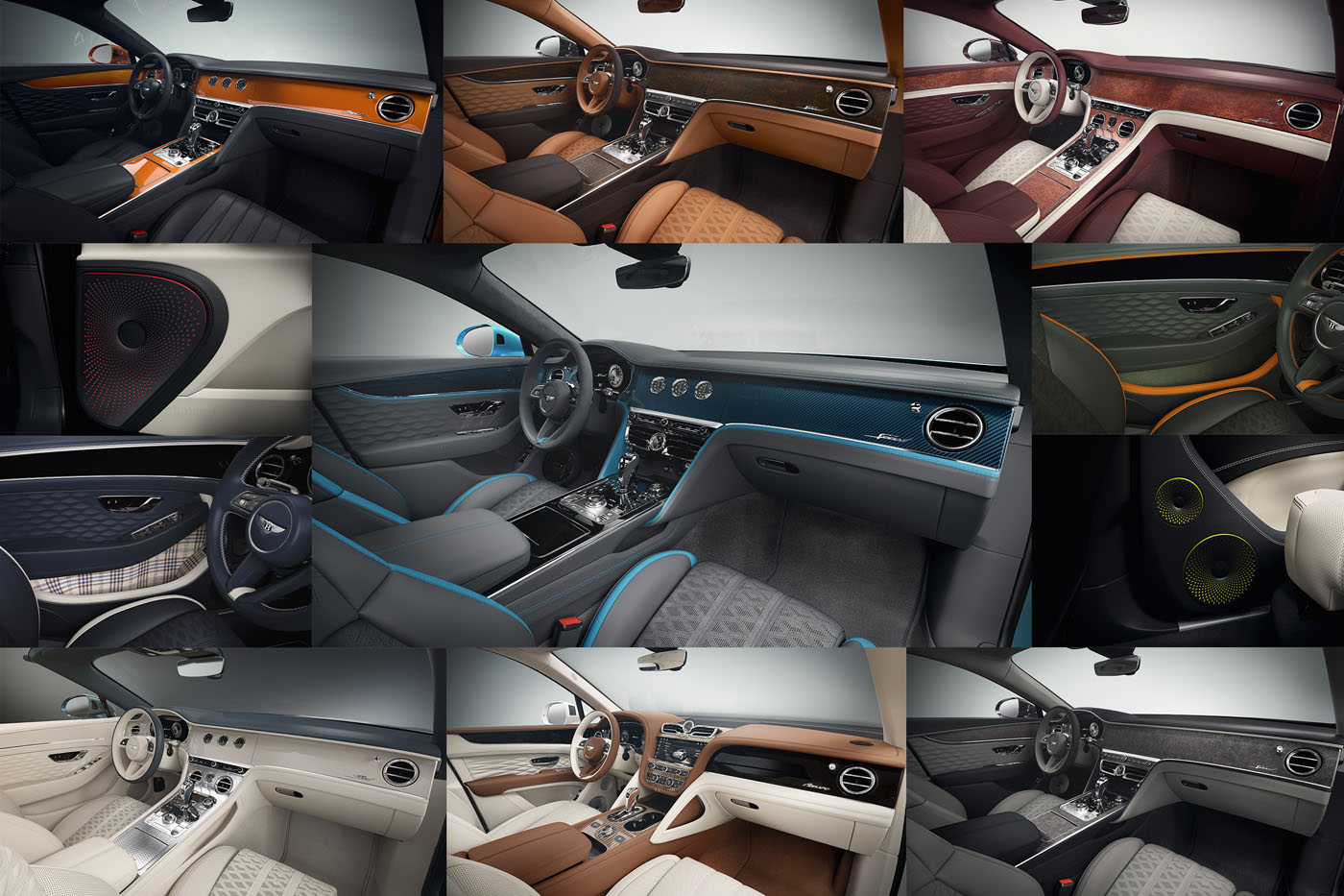A collage of luxury car interiors highlights Bentley Mulliner Interior Options, showcasing various color schemes, leather seats, dashboards, and door panels with premium materials and finishes.