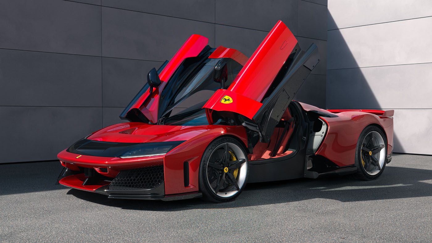A striking red hypercar with gull-wing doors open, parked gracefully on a concrete surface. The sleek design lines are a testament to its engineering prowess, complemented by the iconic Ferrari logo on the side.