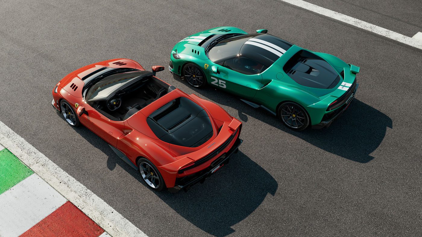 Two sports cars, including a Ferrari 296 Speciale with racing stripes and the number 25, are parked side by side on a racetrack, ready for the Ferrari unveiling.