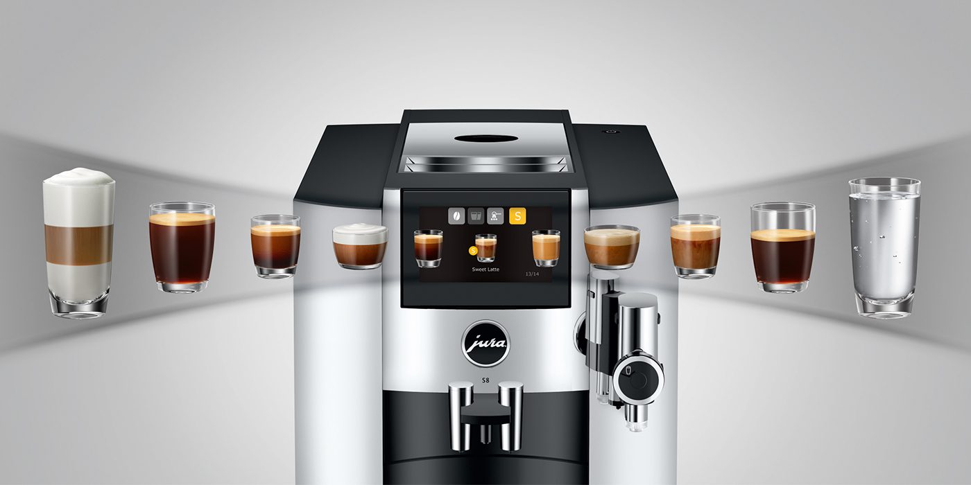 A JURA S8 coffee machine is shown with a digital display, surrounded by various coffee drinks, including espressos, cappuccinos, and a glass of water. Experience the innovation and coffee enjoyment that enhance every brew.