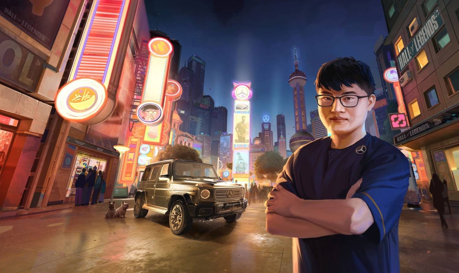 A man with glasses stands with arms crossed on a brightly lit city street at night, a Custom Electric G-Wagon Mercedes SUV and neon signs in the background, evoking the style of League Of Legends Uzi.