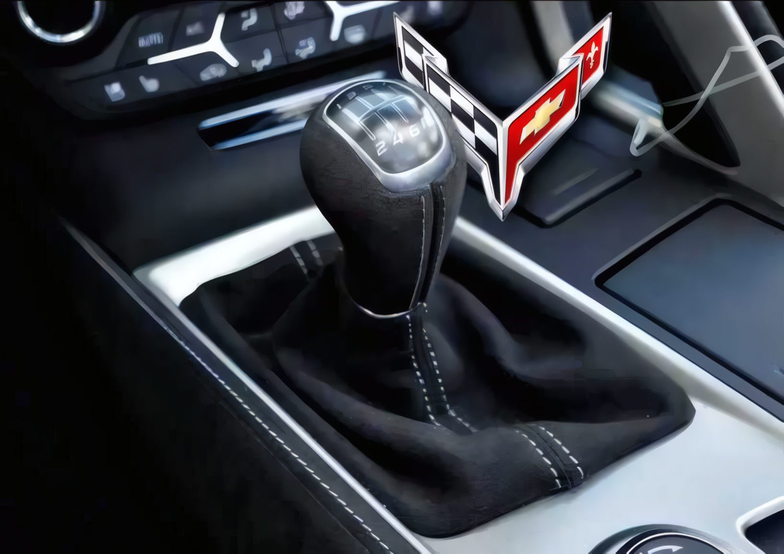 Close-up of a manual gear shift in a car, showcasing the Corvette logo near the lever—highlighting the craftsmanship of this Manual Production Corvette with dashboard controls visible in the background.
