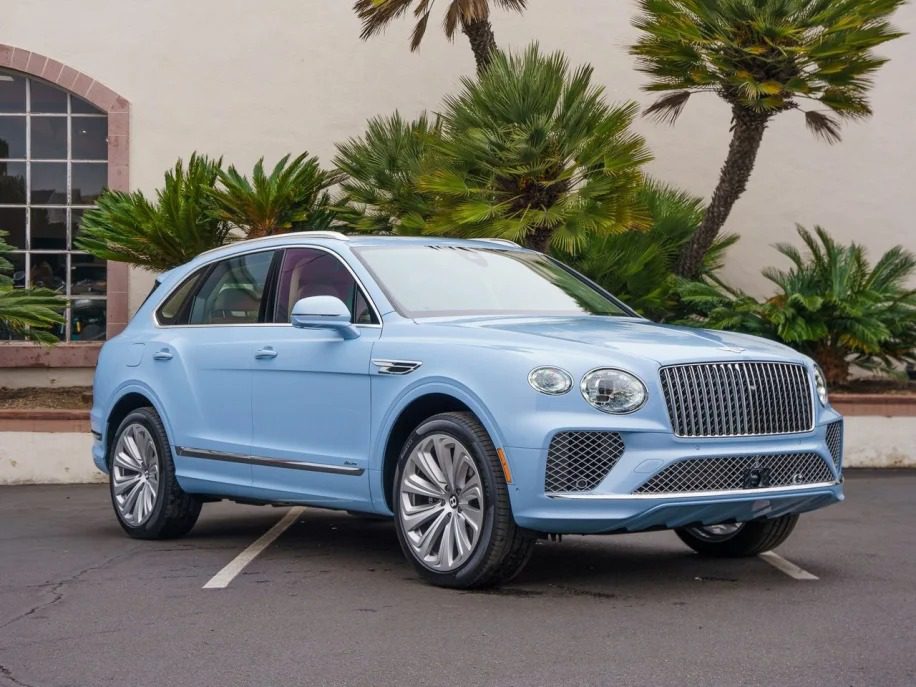 A light blue luxury SUV is parked in an outdoor area with palm trees and a white building in the background, embodying the essence of "Own The Road.