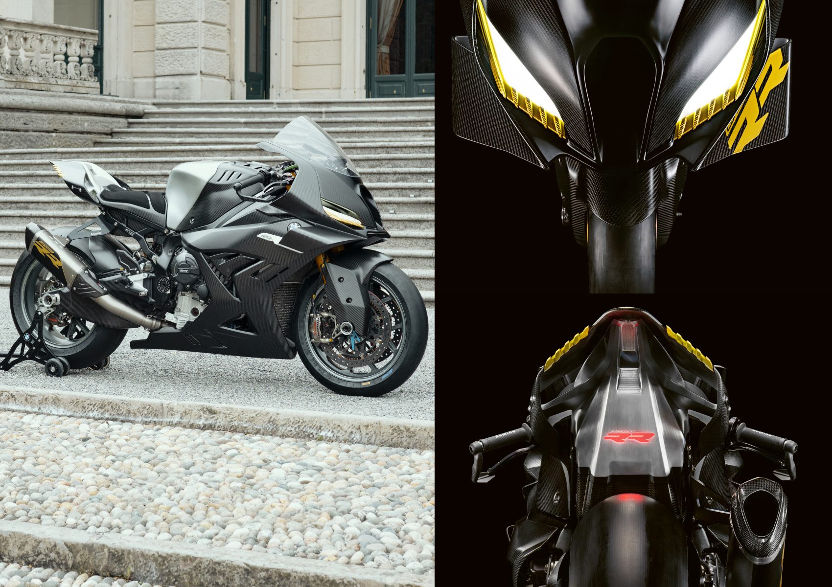 A sleek, black Carbon-Clad Concept BMW Motorrad sports motorcycle is shown from the side, front, and rear angles, parked outdoors on a stone surface near steps, showcasing the next-generation of RR design.