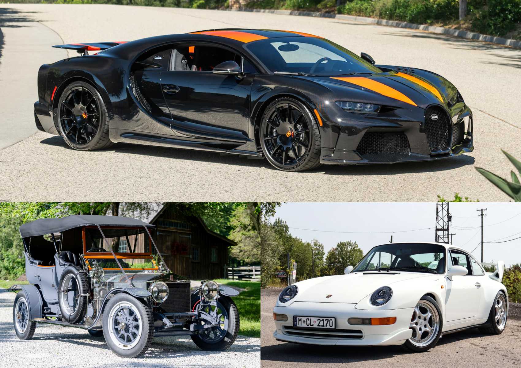 Top: Black Bugatti sports car with orange stripes parked outdoors—one of the stars at the 2025 Bonhams Cars Audrain Auction: Top 10 Results And Highlights. Bottom left: Vintage open-top car. Bottom right: White Porsche coupe by trees and power lines.
