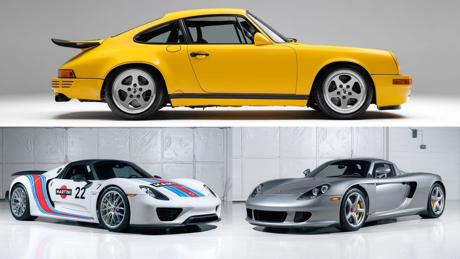 Side view of a yellow classic Porsche coupe above two modern Porsche sports cars, one with racing decals and the other in silver, parked indoors.