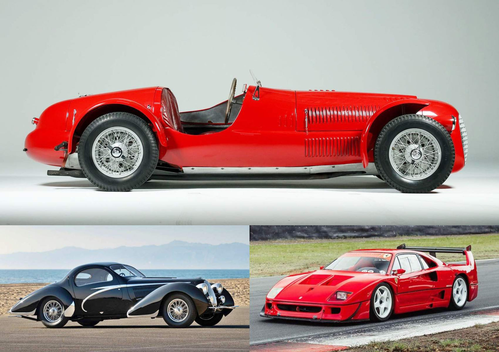 Three classic sports cars: a red vintage race car in profile (top), a black and silver vintage coupe (bottom left), and a red modern race car on a track (bottom right) at the 2025 Concorso d’Eleganza Villa d’Este.