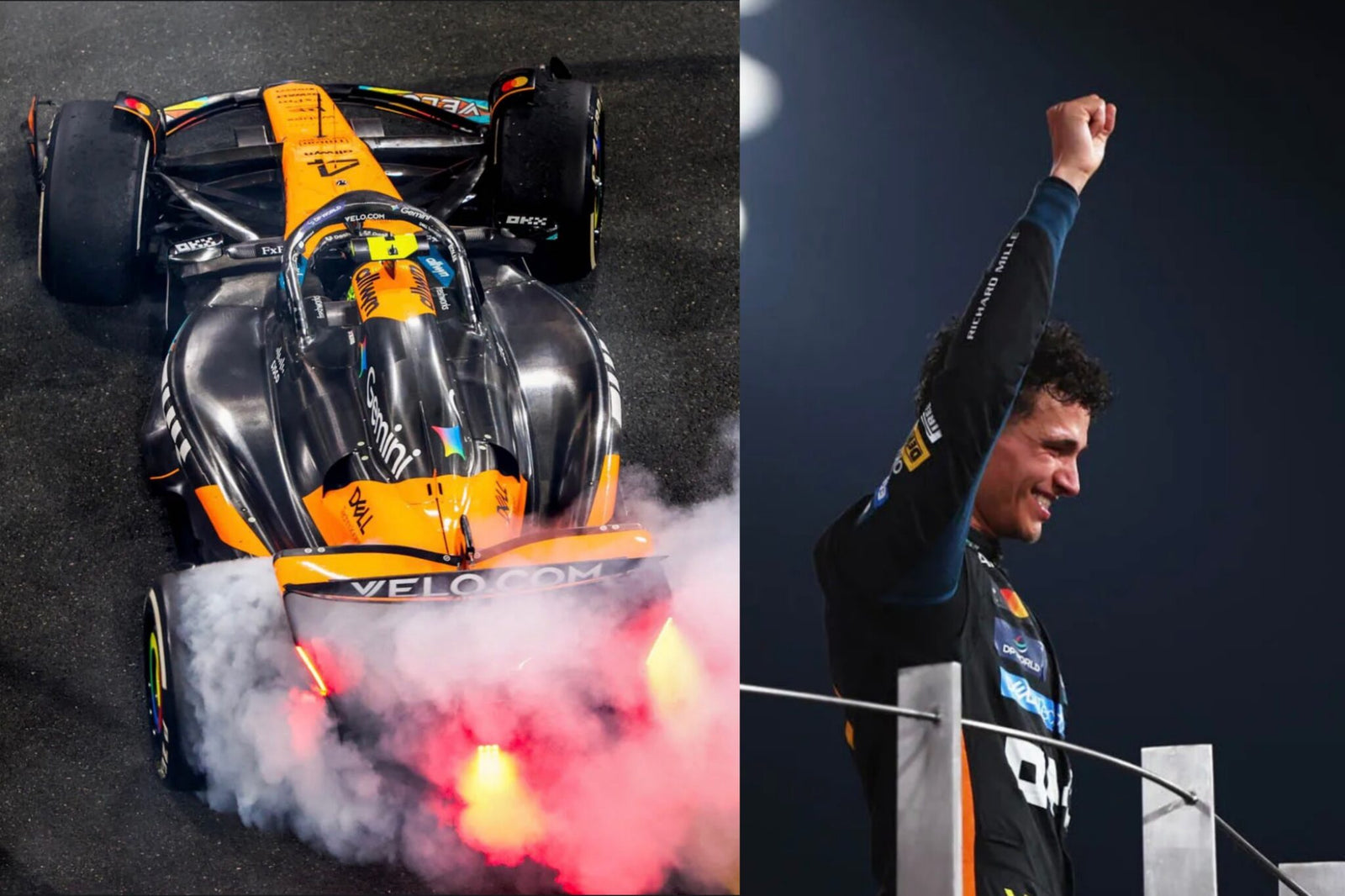 A race car emits smoke and flames as it spins on track; beside it, Lando Norris raises his fist in celebration on the podium after sealing his first F1 Championship, ending McLaren’s 13-year wait for a Drivers’ Title.