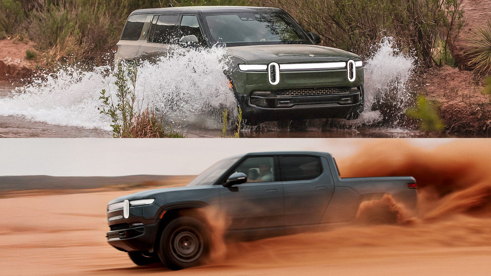 The top image shows a Rivian Gen 2 R1S SUV driving through water, while the bottom image features an R1T Quad-Motor pickup truck kicking up sand on a dirt road.