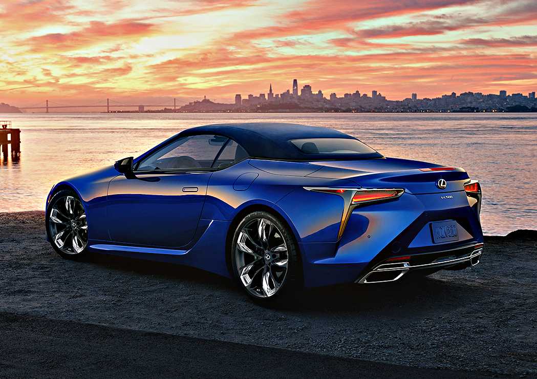 A blue Lexus sports car—featured in our Review: 2025 Lexus LC 500 Convertible—parked by the water at sunset, with a city skyline and bridge visible in the background.