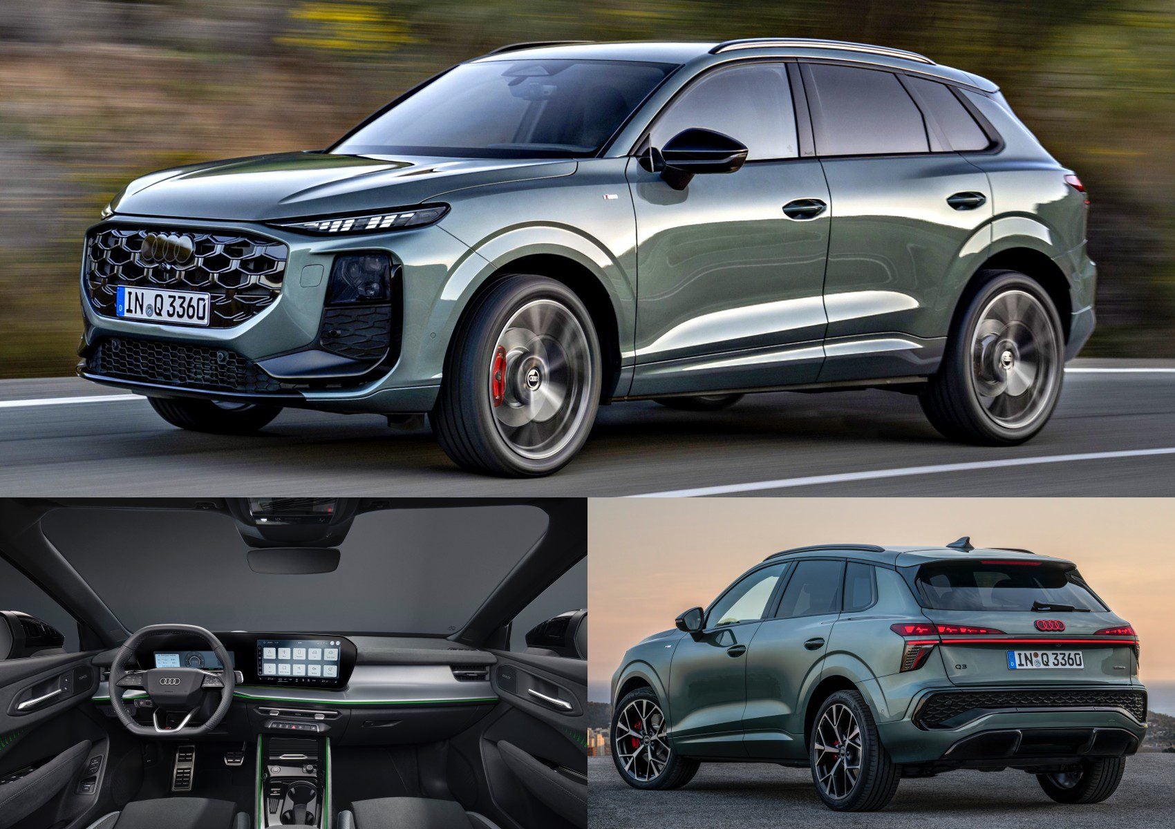 A green 2026 Audi Q3 breaks cover: here's what's new—shown from the front-side driving, rear parked, and interior dashboard view, highlighting its modern design and advanced digital display features.