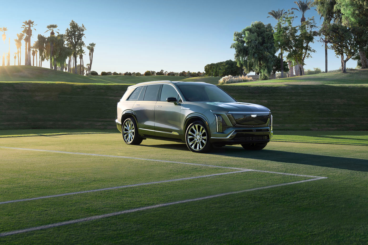 A silver Cadillac SUV is elegantly parked on a grassy field, framed by palm trees and a clear sky, showcasing the perfect blend of style and luxury.