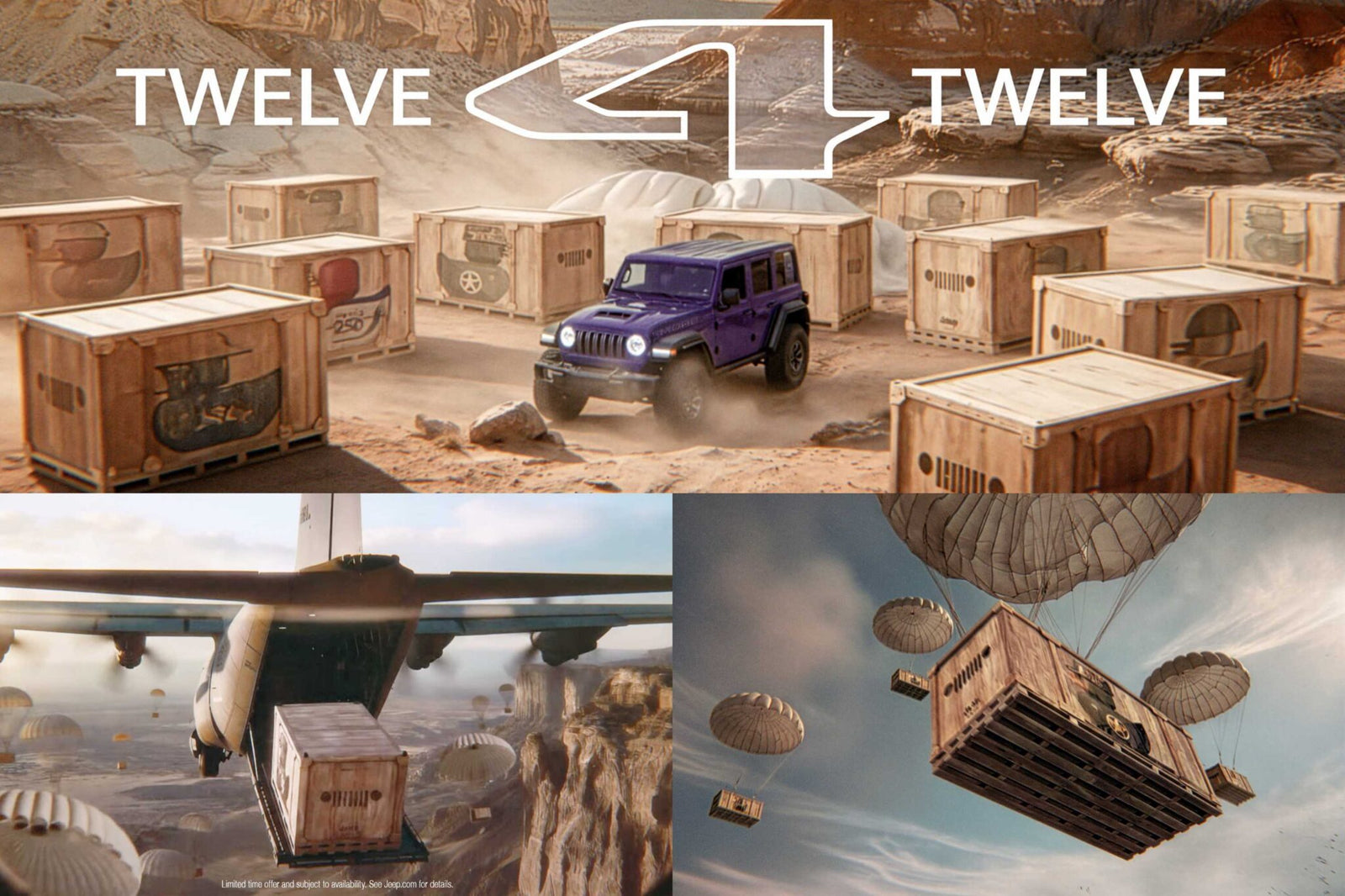 A purple Jeep among wooden crates in a desert, with parachuting crates and “Twelve 4 Twelve” above. First of 12: Jeep launches its 85th Anniversary Limited Edition Series with the Moab 392.