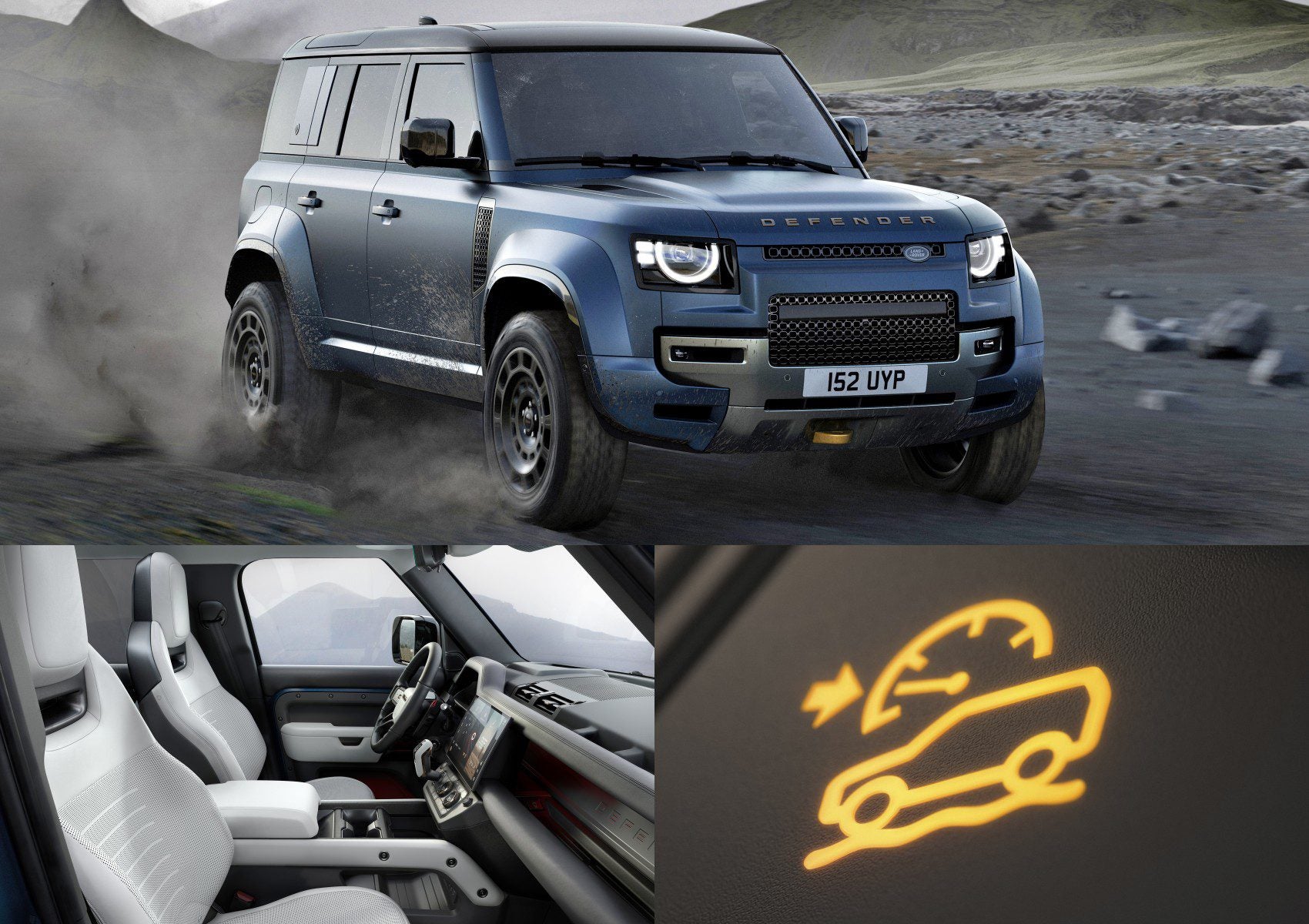 A blue Land Rover Defender drives off-road; below, images highlight the refreshed interior and a dashboard warning light for the active air suspension—Land Rover Defender Refreshed: Here’s What’s New For 2026.