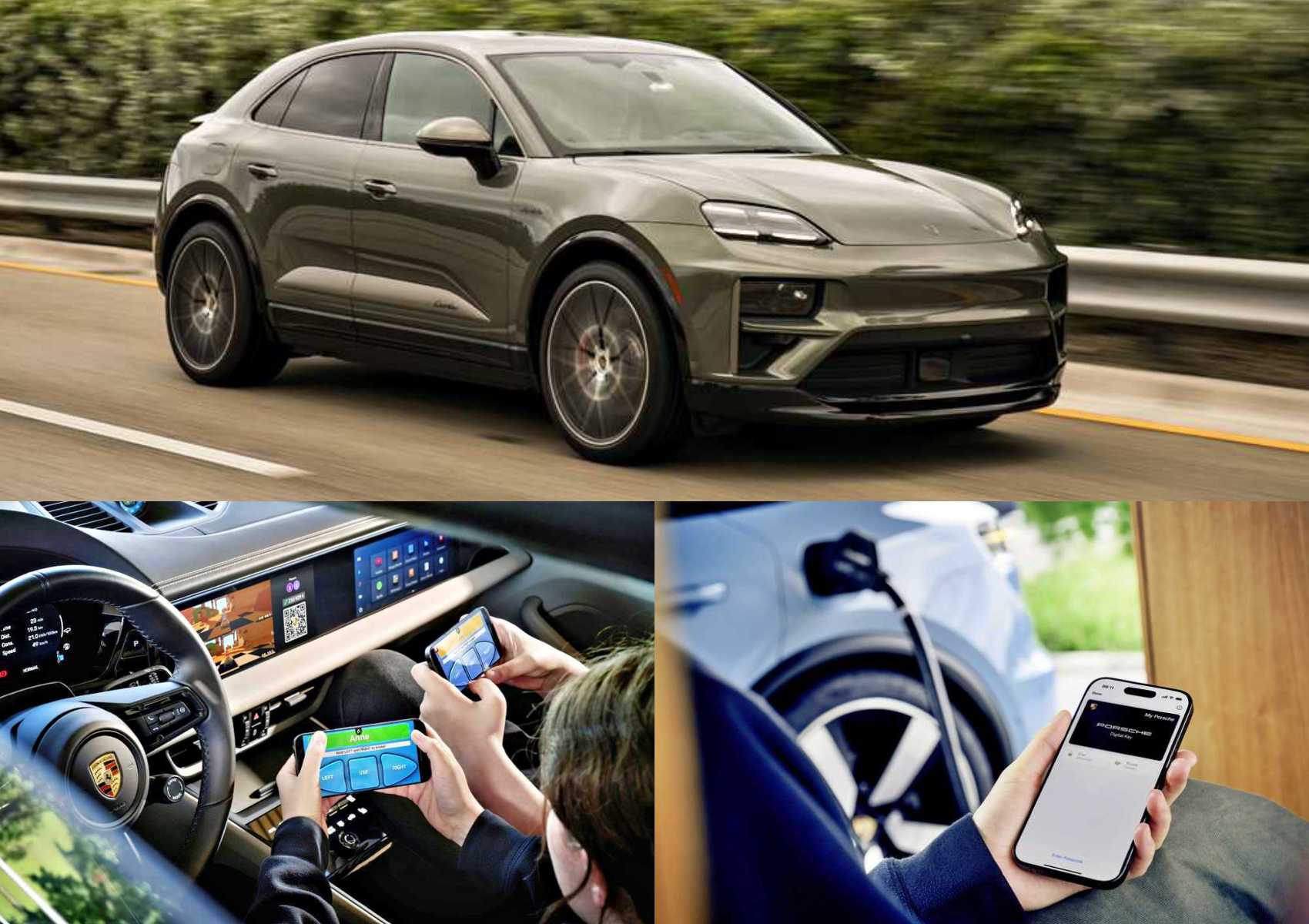 A gray electric SUV drives on a road; below, images highlight its digital dashboard, passengers using devices, and the vehicle charging next to a smartphone—showcasing how the 2026 Macan Electric doubles down on everyday practicality and smart tech.