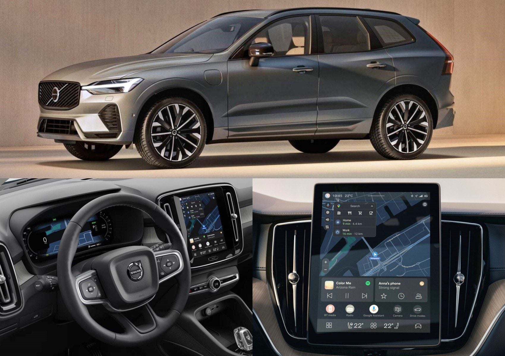 A grey Volvo SUV is shown in a studio setting; below, images display its digital dashboard, steering wheel, and central touchscreen, reflecting Volvo’s 2026 hybrids’ smarter tech with OTA upgrades for 2.5 million existing cars.