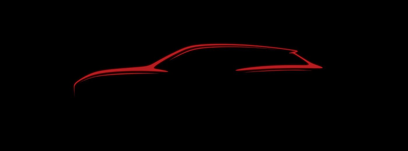 A red outline of a vehicle's side profile, announcing the sleek design of Mercedes' Electric AMG SUV, is depicted against a black background.