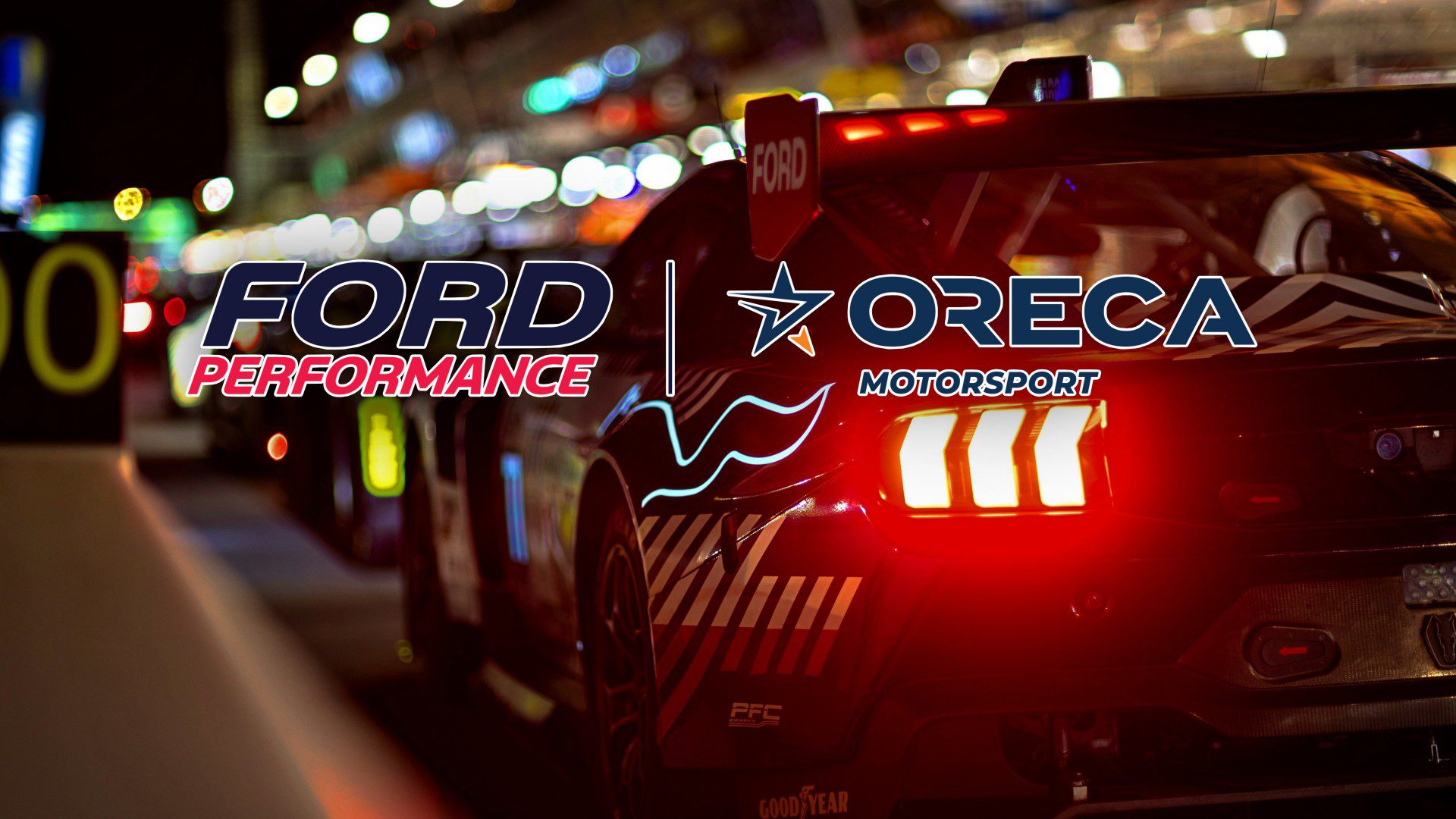 A race car with illuminated taillights is parked in a pit lane at night. The logos "Ford Performance" and "ORECA Motorsport" stand out, hinting at excitement for Ford returning to Le Mans and the anticipation of Ford Le Mans 2027.