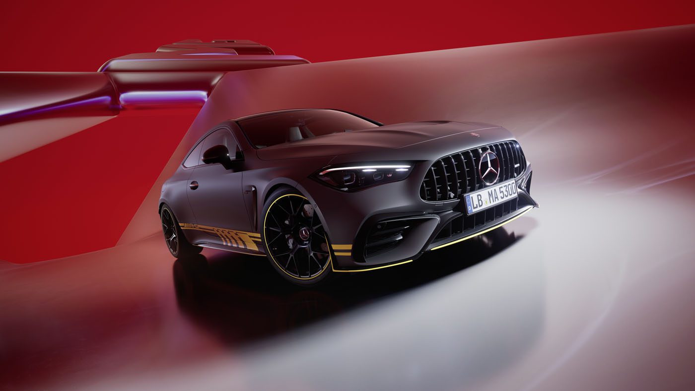 A sleek gray Mercedes-AMG sports car with yellow accents races across a red and gray futuristic background, embodying the exclusive allure of the Limited-Edition CLE MANUFAKTUR Edition.