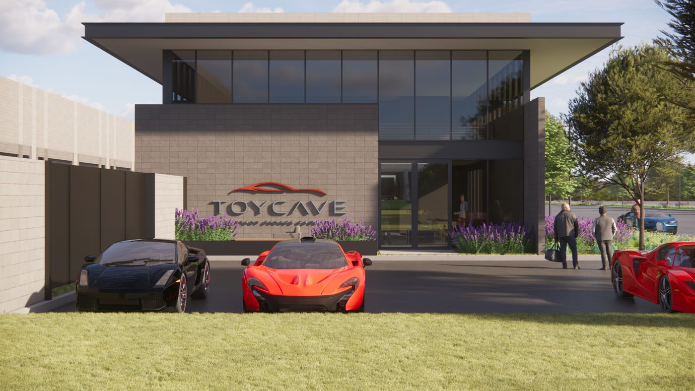 Modern building with large windows labeled "TOYCAVE," three sports cars parked in front, and several people walking toward the entrance on a sunny day.
