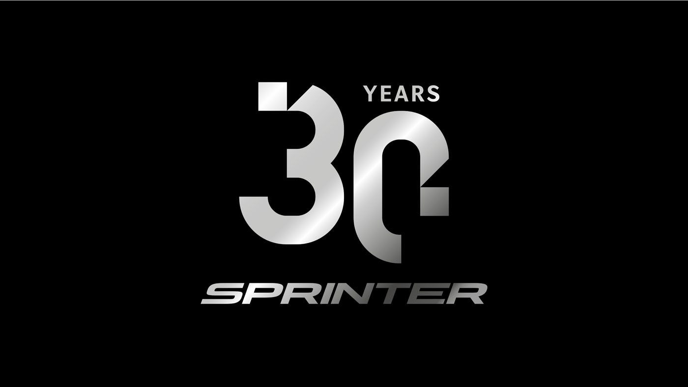 Silver "30 Years Sprinter" logo on a sleek black background, celebrating the 30th Anniversary of the iconic Mercedes-Benz Sprinter.