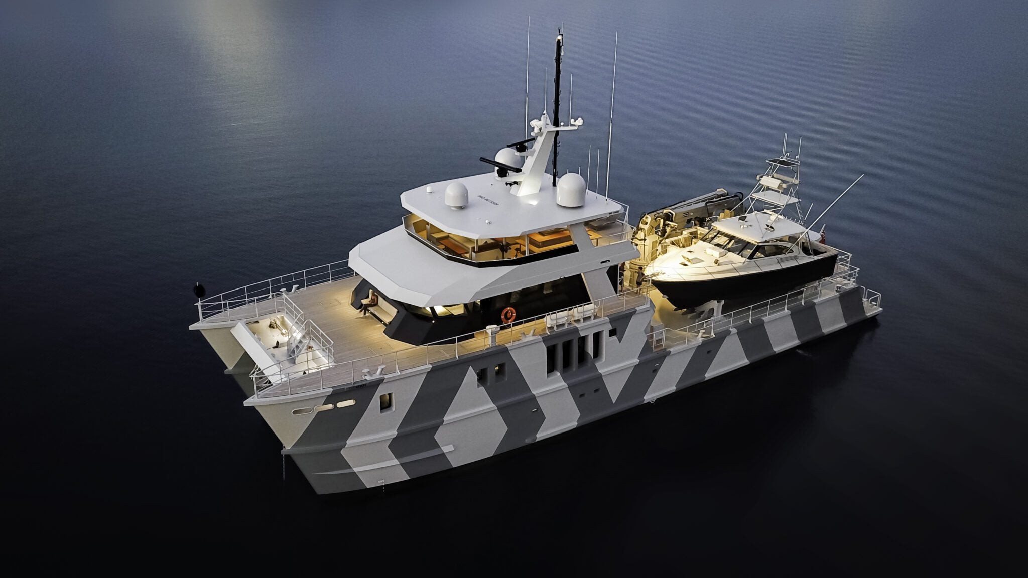 A large, modern power catamaran from IKONIK Yachts with a camouflage-patterned hull is anchored in calm water, carrying a smaller boat on its deck—an impressive vessel aptly named THE BEAST.