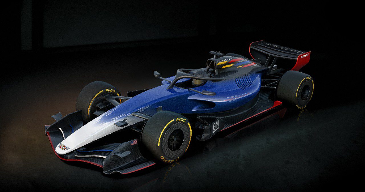 A blue and white Formula 1 race car with yellow tire accents, boasting an aerodynamic design and bold Cadillac sponsorship logos, ready to dominate the F1 grid.