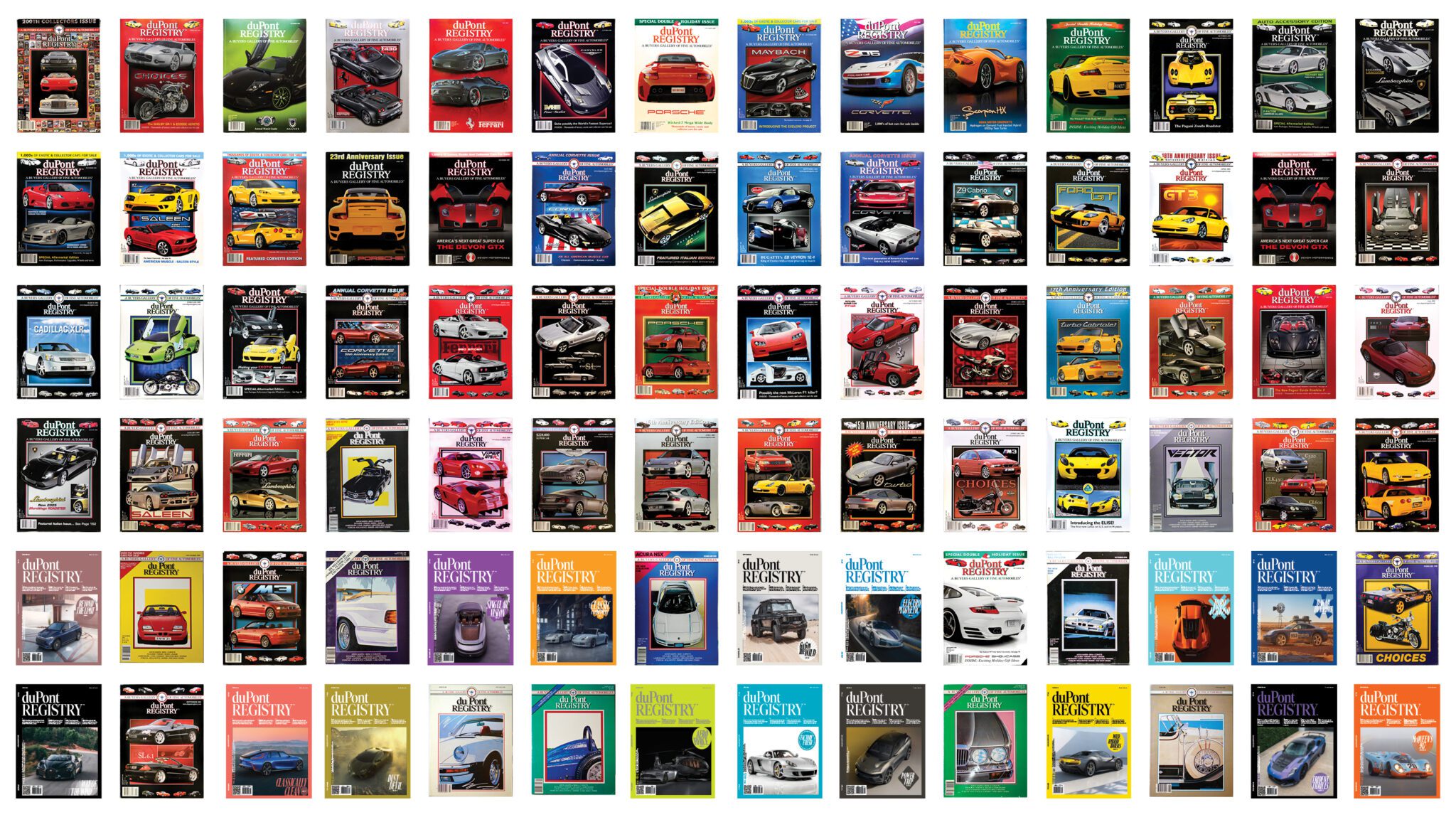 Celebrate the 40th Anniversary Issue with a collection of 80 automotive-themed magazines from duPont REGISTRY, showcasing an array of cover images featuring sleek cars and iconic models, all artfully arranged in a grid pattern.