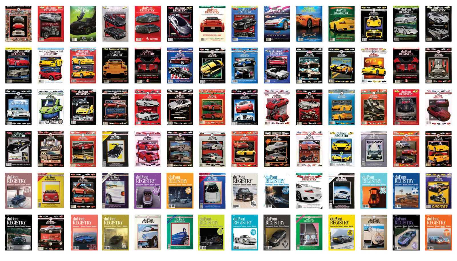 Celebrate the 40th Anniversary Issue with a collection of 80 automotive-themed magazines from duPont REGISTRY, showcasing an array of cover images featuring sleek cars and iconic models, all artfully arranged in a grid pattern.