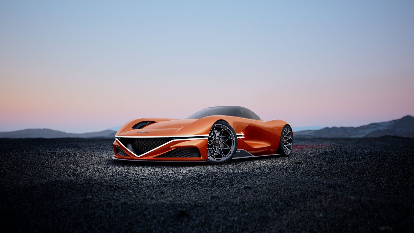 A sleek orange Genesis concept car sits elegantly on a gravel surface, framed by a pastel sky and majestic mountain range.