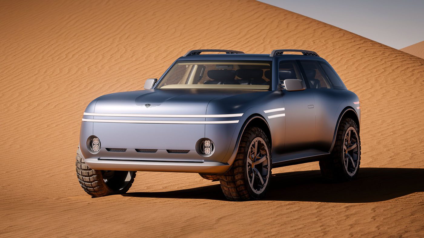 A matte silver SUV with round headlights and off-road tires is parked on sand with a dune in the background.