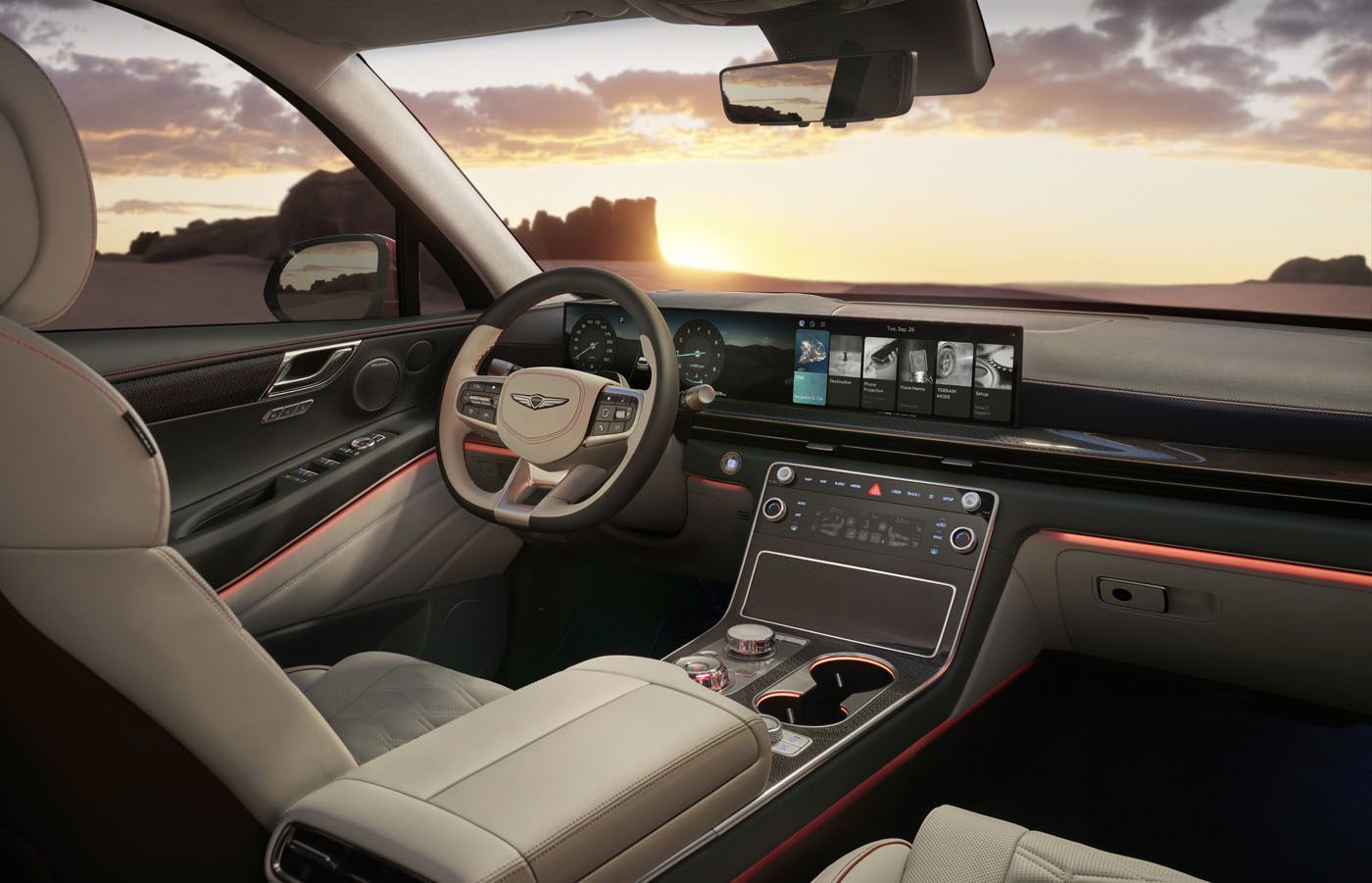 Luxury car interior featuring Genesis-inspired leather seats, digital dashboard, touchscreen controls, and a panoramic sunset view—showcasing the pinnacle of interior design.