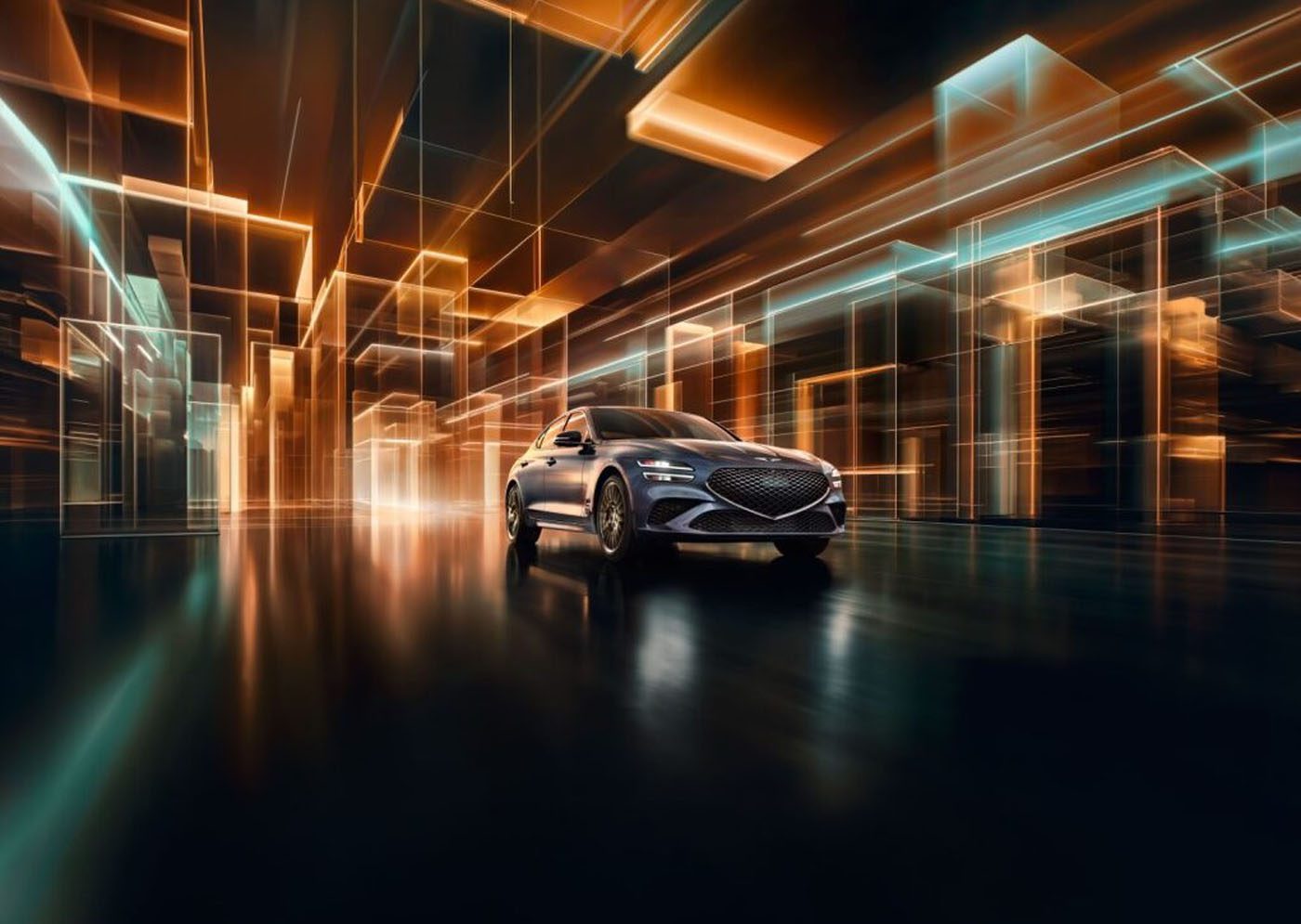 A silver 2026 G70 Prestige Graphite sedan glides through a futuristic cityscape, illuminated by glowing orange and blue geometric lights.