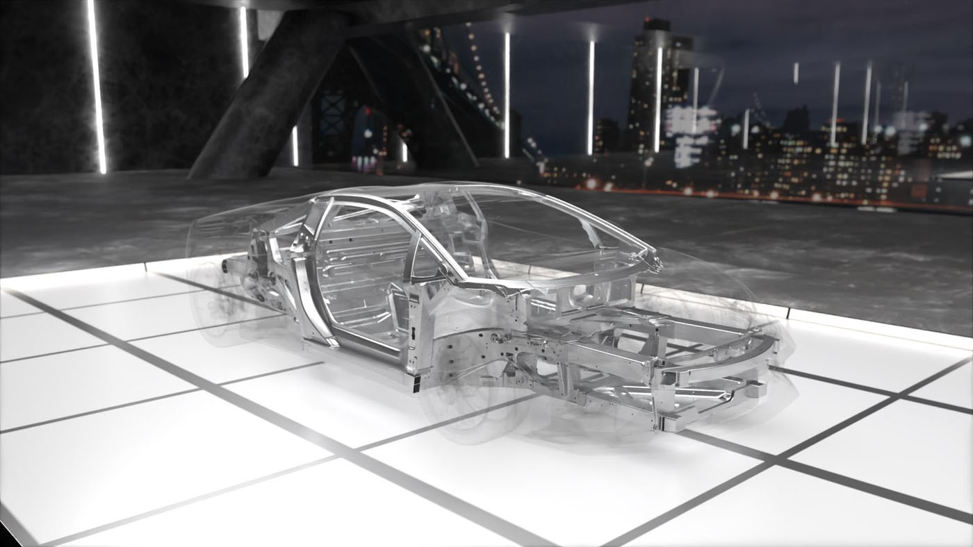 A transparent Lamborghini Temerario Chassis is on display, showcasing its innovative structural framework and components against a cityscape backdrop.