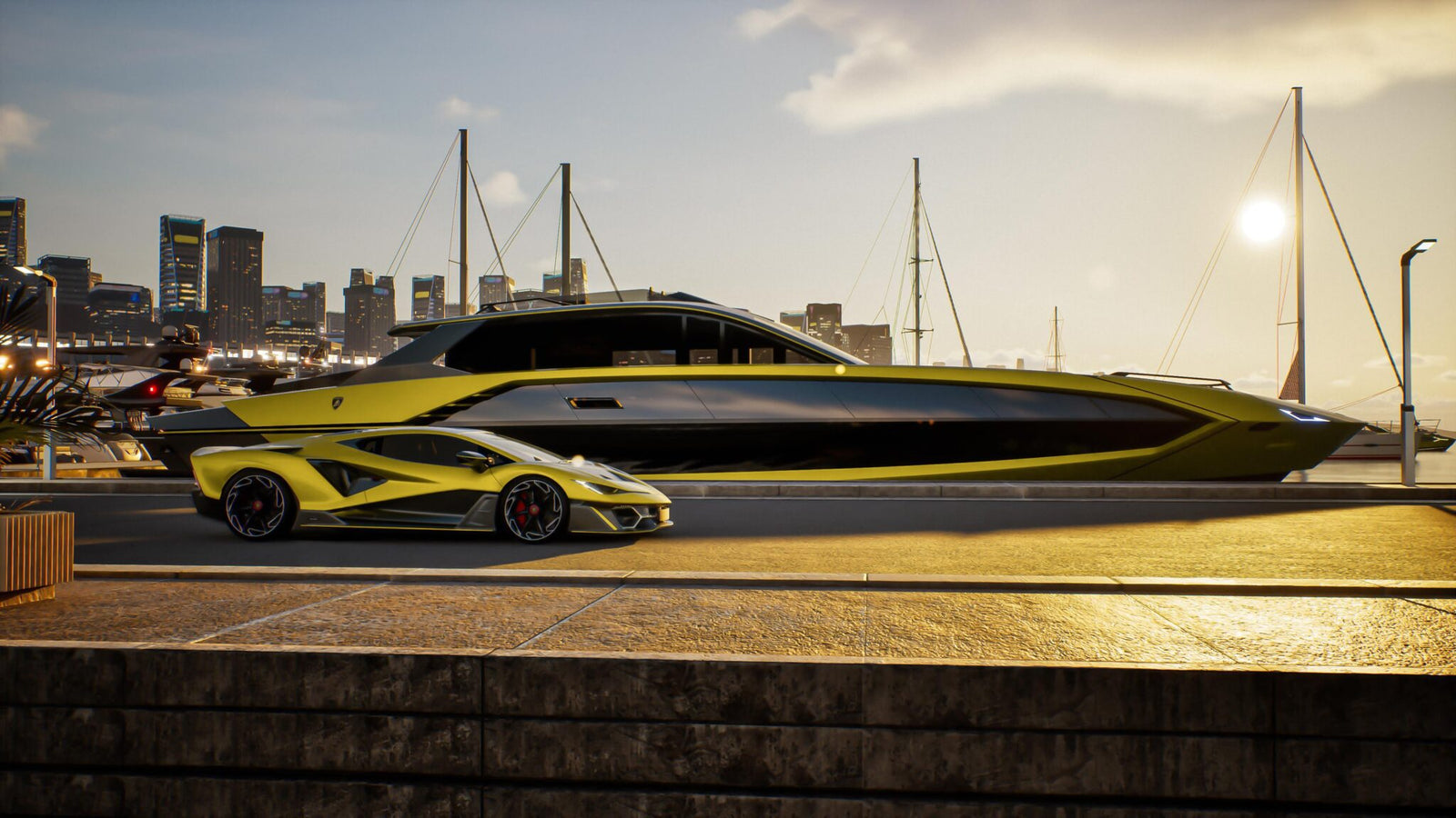 A yellow and black Lamborghini sports car is parked beside a matching Tecnomar luxury yacht at a marina, with a city skyline and boats in the background during sunset.