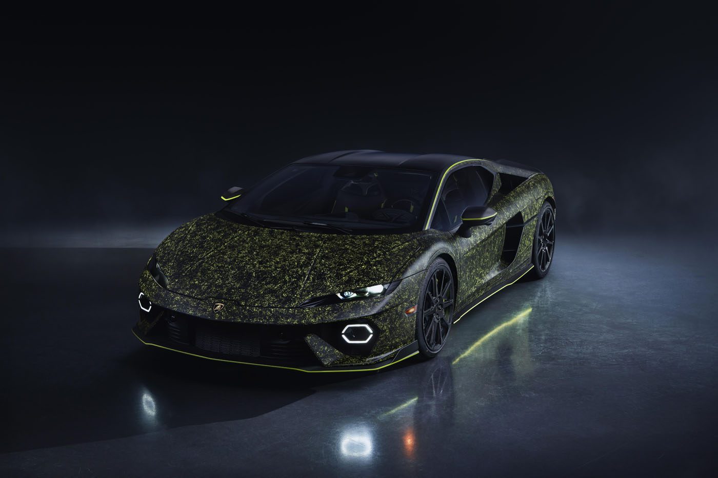 A Lamborghini sports car with a dark, speckled green and black exterior finish, photographed on a glossy surface under low lighting.