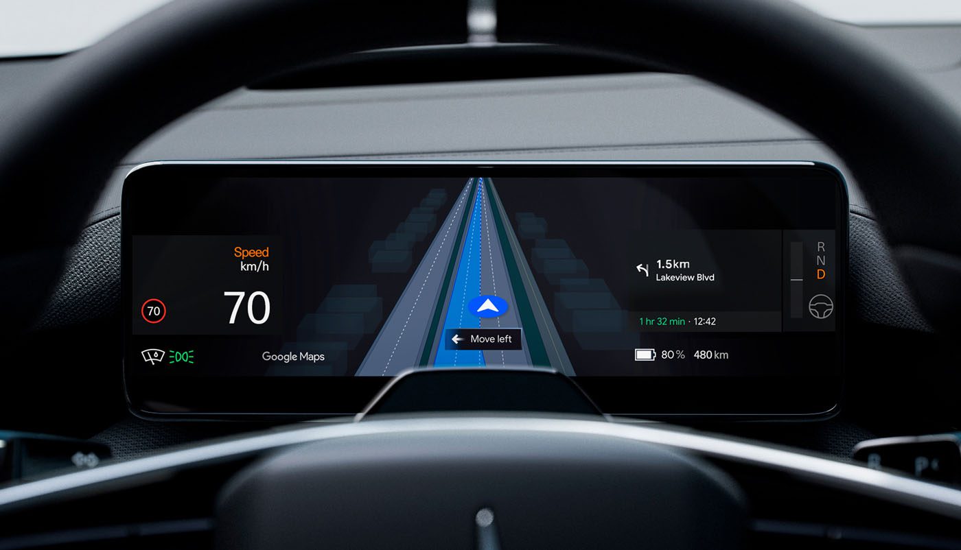 Digital car dashboard display showing navigation with Google Maps, speed at 70 km/h, Live Lane Guidance, and route details including distance, time, battery charge, and gear indicator in a Polestar 4.