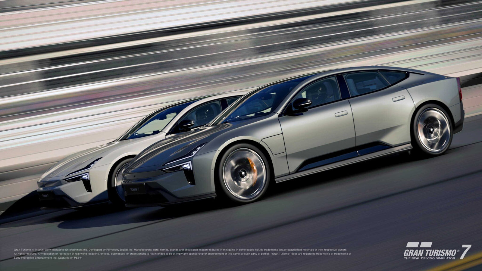 Two sleek, modern electric cars, including the Polestar 5, race side by side on a track with "Gran Turismo 7" branding in the corner—capturing all the excitement of December’s latest update.