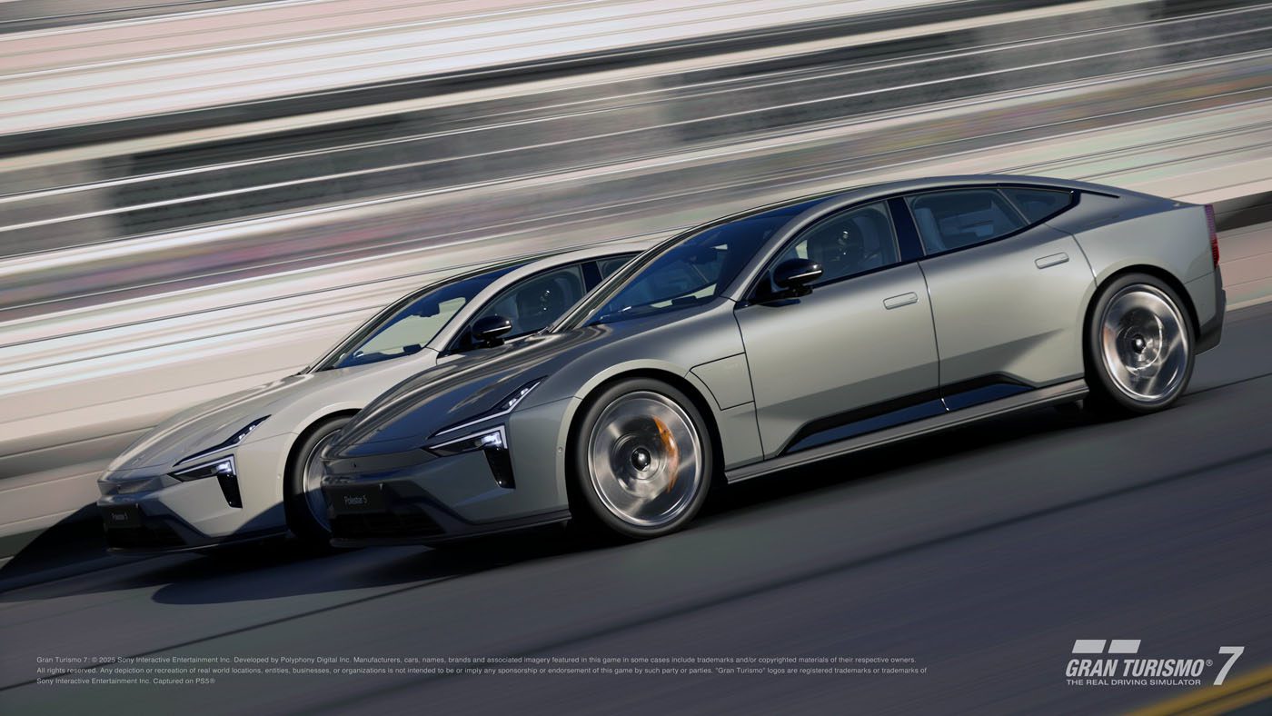 Two sleek, futuristic Polestar electric sedans race side by side on a track in Gran Turismo 7, capturing the thrill of virtual test drives with the game logo in the bottom right corner.