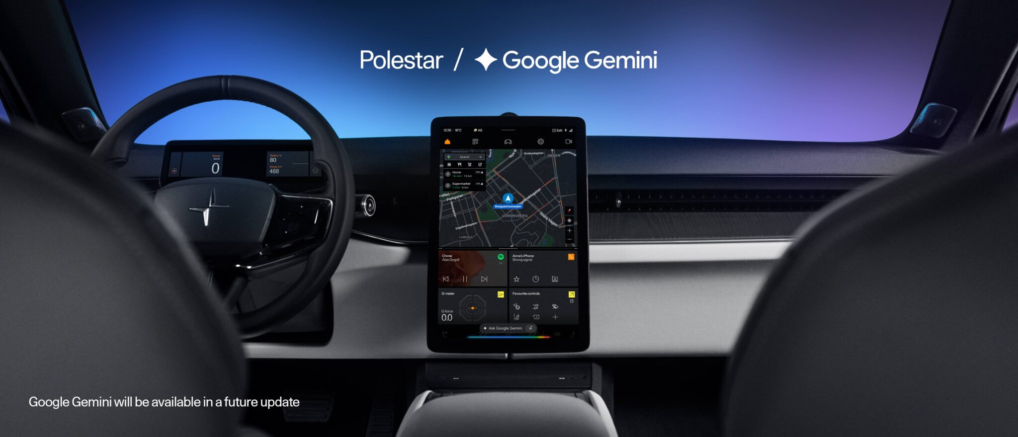 Interior view of a Polestar vehicle featuring a large central touchscreen display with Google Gemini integration on the dashboard.