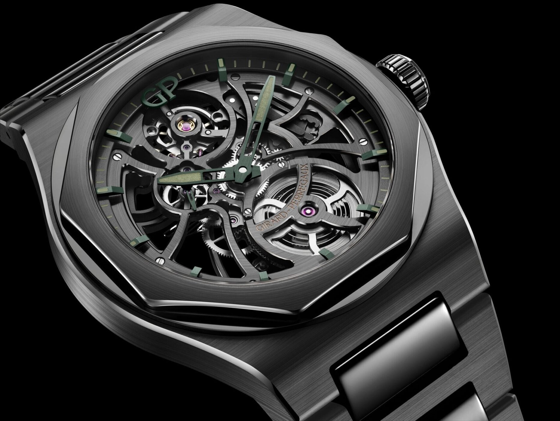 Close-up view of a luxury Girard-Perregaux Laureato Skeleton watch with a metallic case and bracelet, exposing intricate gears and mechanisms beneath dark green hands and details.