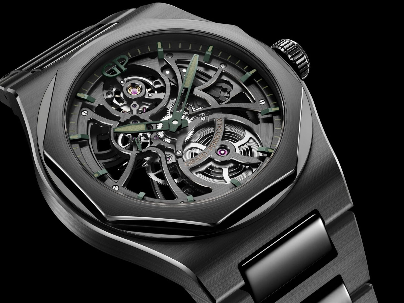 Close-up view of a luxury Girard-Perregaux Laureato Skeleton watch with a metallic case and bracelet, exposing intricate gears and mechanisms beneath dark green hands and details.
