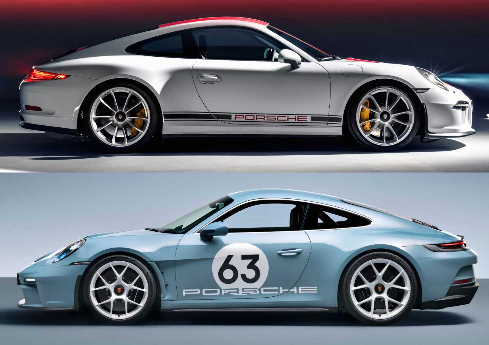Two Porsche sports cars shown in profile; the top is a silver 2016 Porsche 911 R with black stripes, while the bottom car is light blue with a white circle and the number 63 on its door.