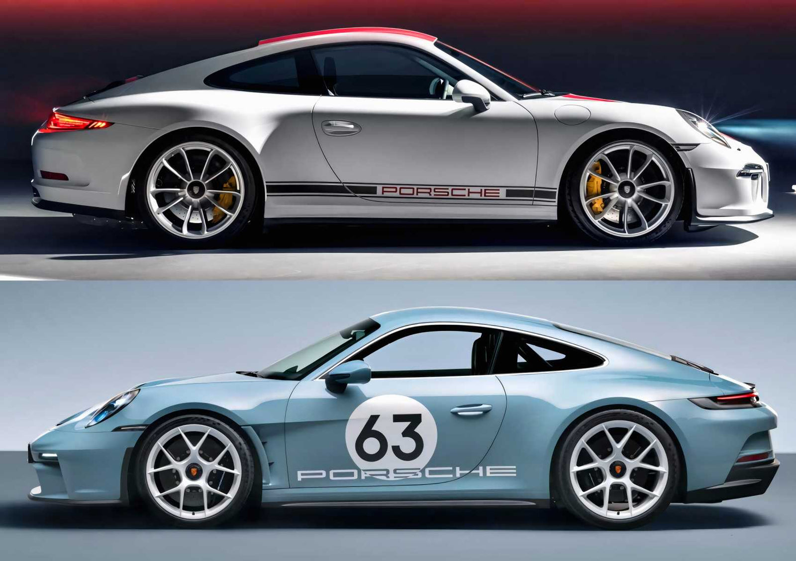 Two Porsche sports cars shown in profile; the top is a silver 2016 Porsche 911 R with black stripes, while the bottom car is light blue with a white circle and the number 63 on its door.
