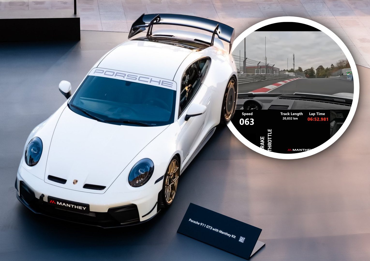 A white Porsche911 GT3 992.2 with Manthey Kit, boasting 1190 pounds of downforce and a 6:52 Nürburgring lap, is displayed; an inset shows in-car telemetry at 63 km/h and lap time data on a racetrack.
