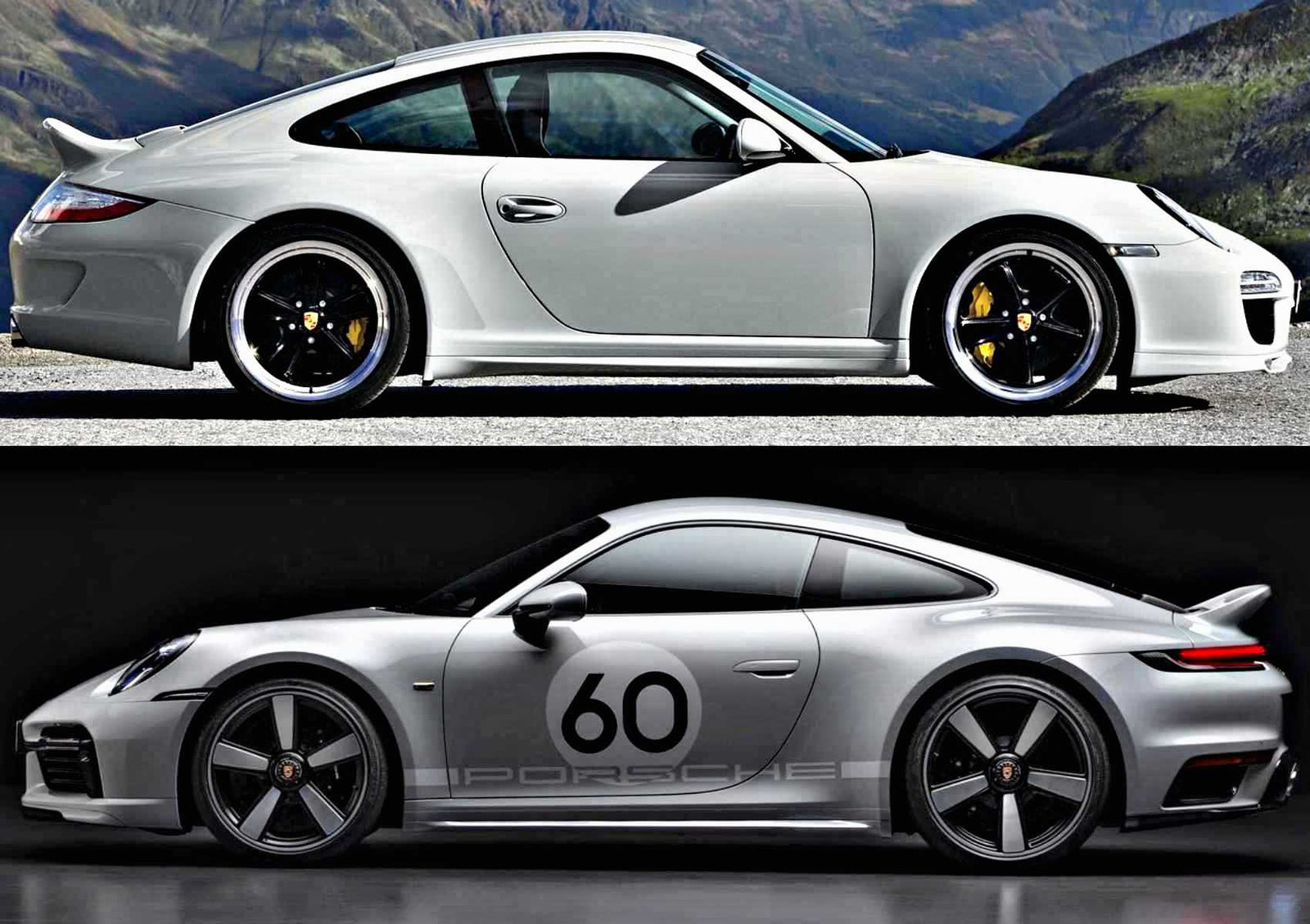 Two silver Porsche sports cars are shown in side profile—a classic and a modern—with the number 60 on the door, highlighting a Porsche 911 Comparison: 997 Sport Classic vs 992 Sport Classic.