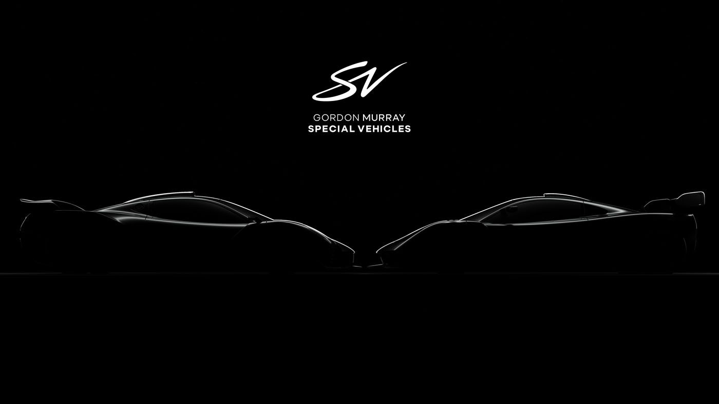 Two car silhouettes face each other in profile against a black background, as “SV” and “Gordon Murray Special Vehicles” text above subtly reveals the signature style of Gordon Murray.
